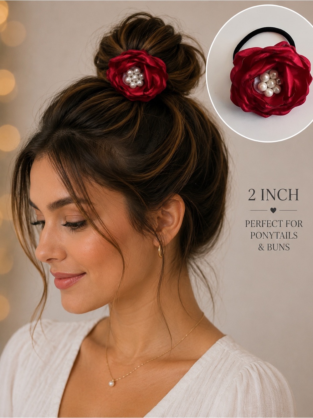 Set of 3 Pearl Center Rose Ponytail Holders — White, Red & Black